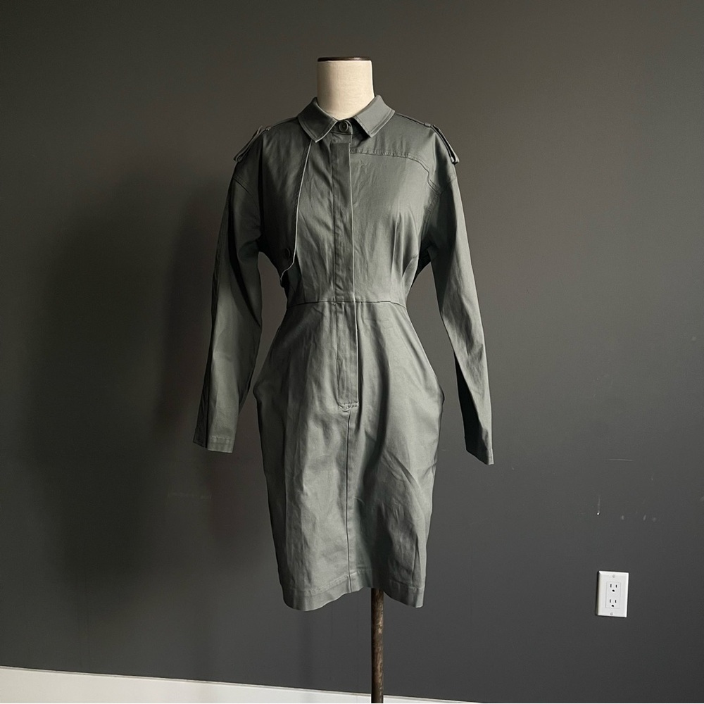 BCBG Max Azria Utility Shirt Dress Sage Green | Belted Minimalist Midi